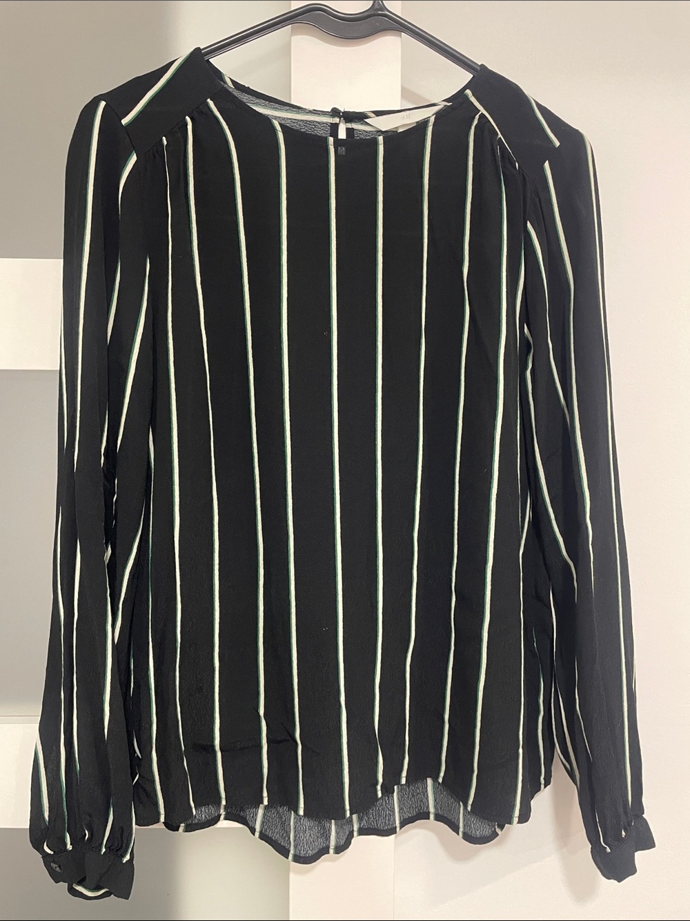 H&M Black Blouse with White and Green Vertical Stripes